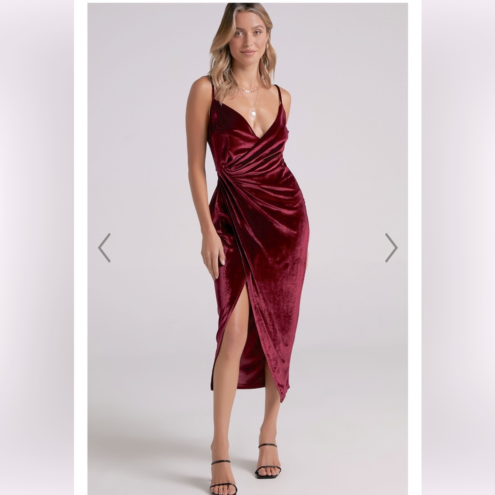 LOVING BLIND MIDI DRESS -DRAPED THIGH SPLIT DRESS IN WINE VELVET BURGUNDY Size 4